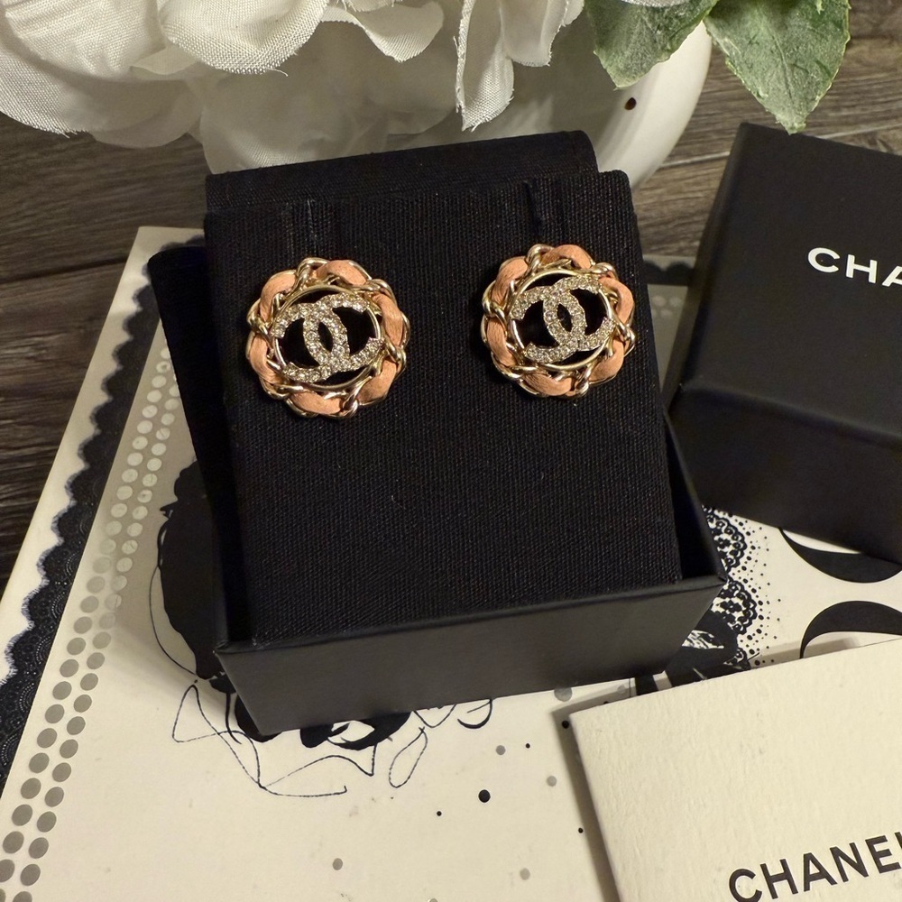 CHANEL Crystal CC Pink Leather Circle Stud Earrings